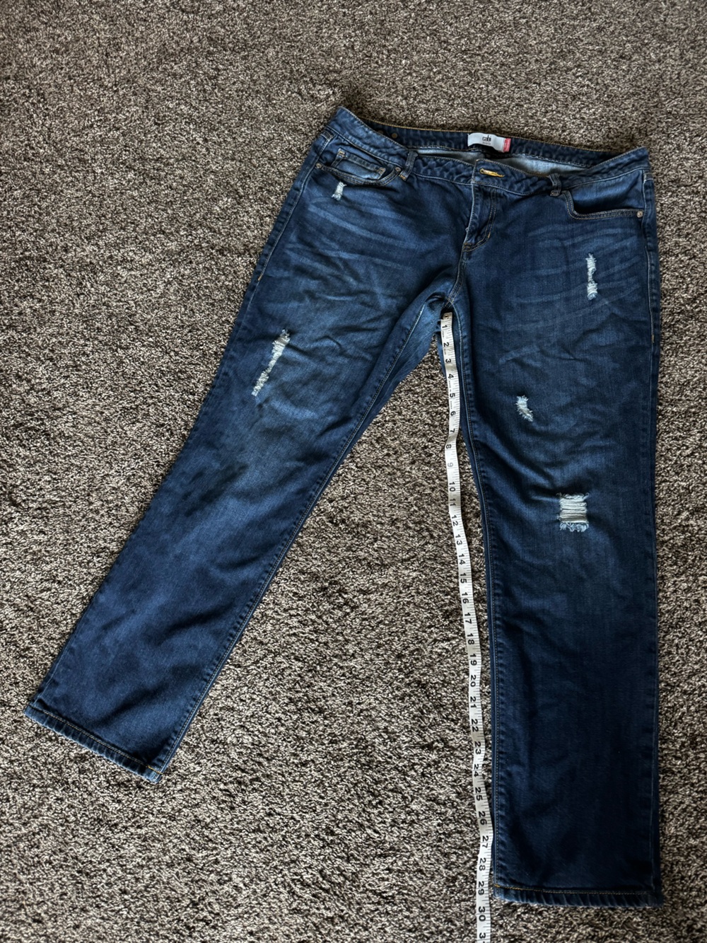 CAbi Womens Dark Blue Straight Jeans with Distressed Accents